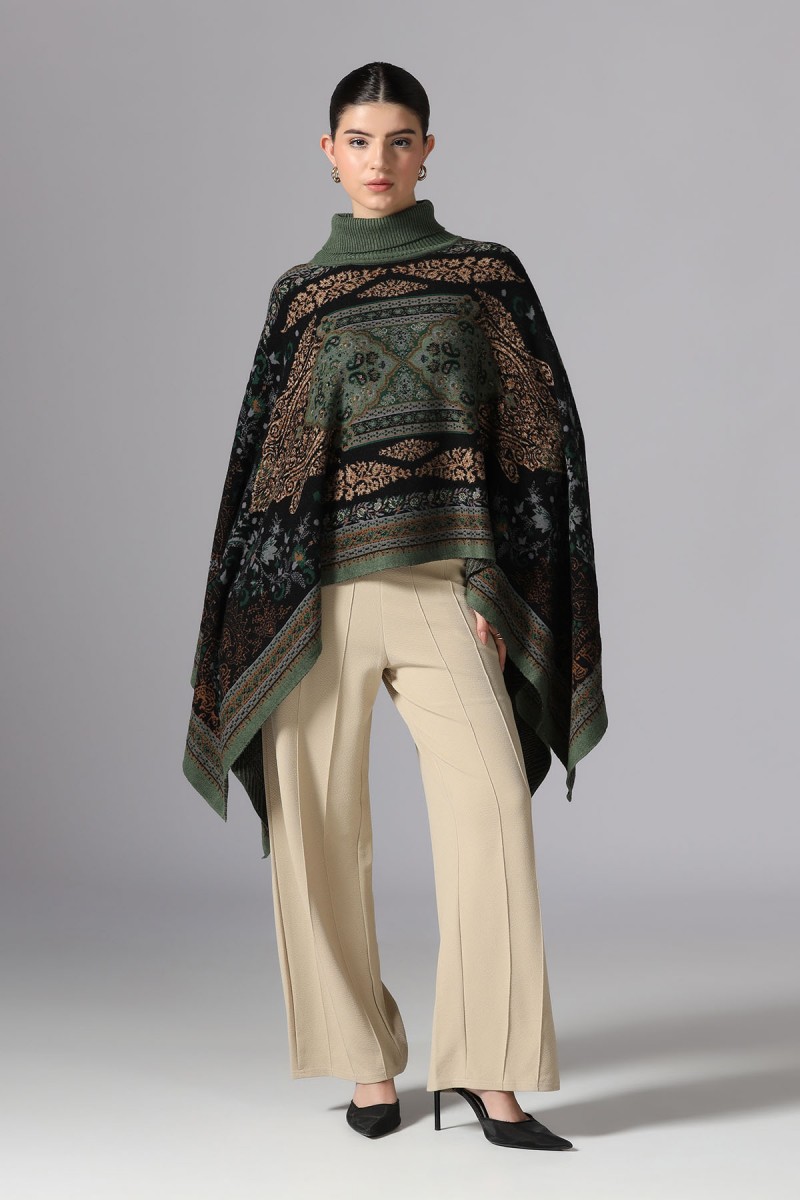 ETHNIC JAQUARD KNITED HIGH NECK PONCHO