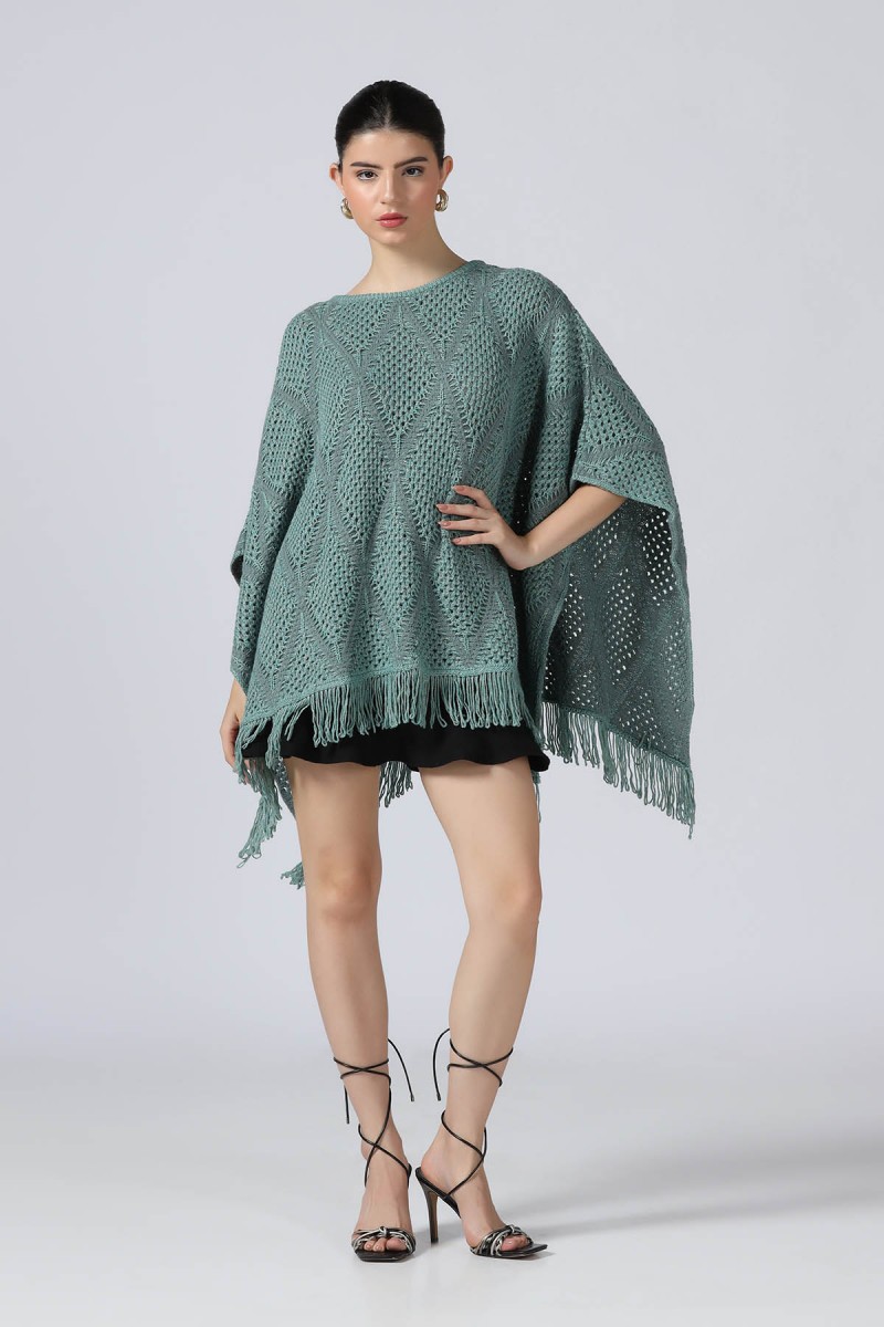 POINTELLE KNIT METALLIC PONCHO WITH FRINGS