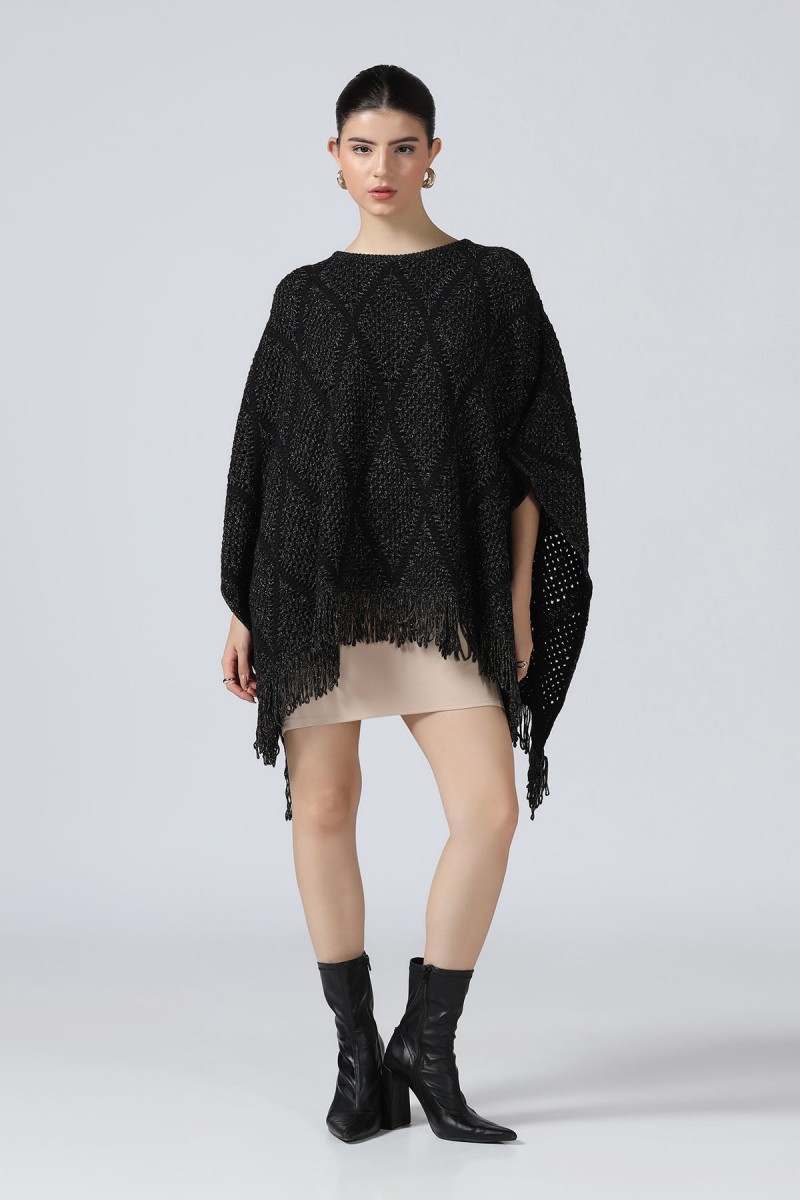POINTELLE KNIT METALLIC PONCHO WITH FRINGS POINTELLE KNIT METALLIC PONCHO WITH FRINGS