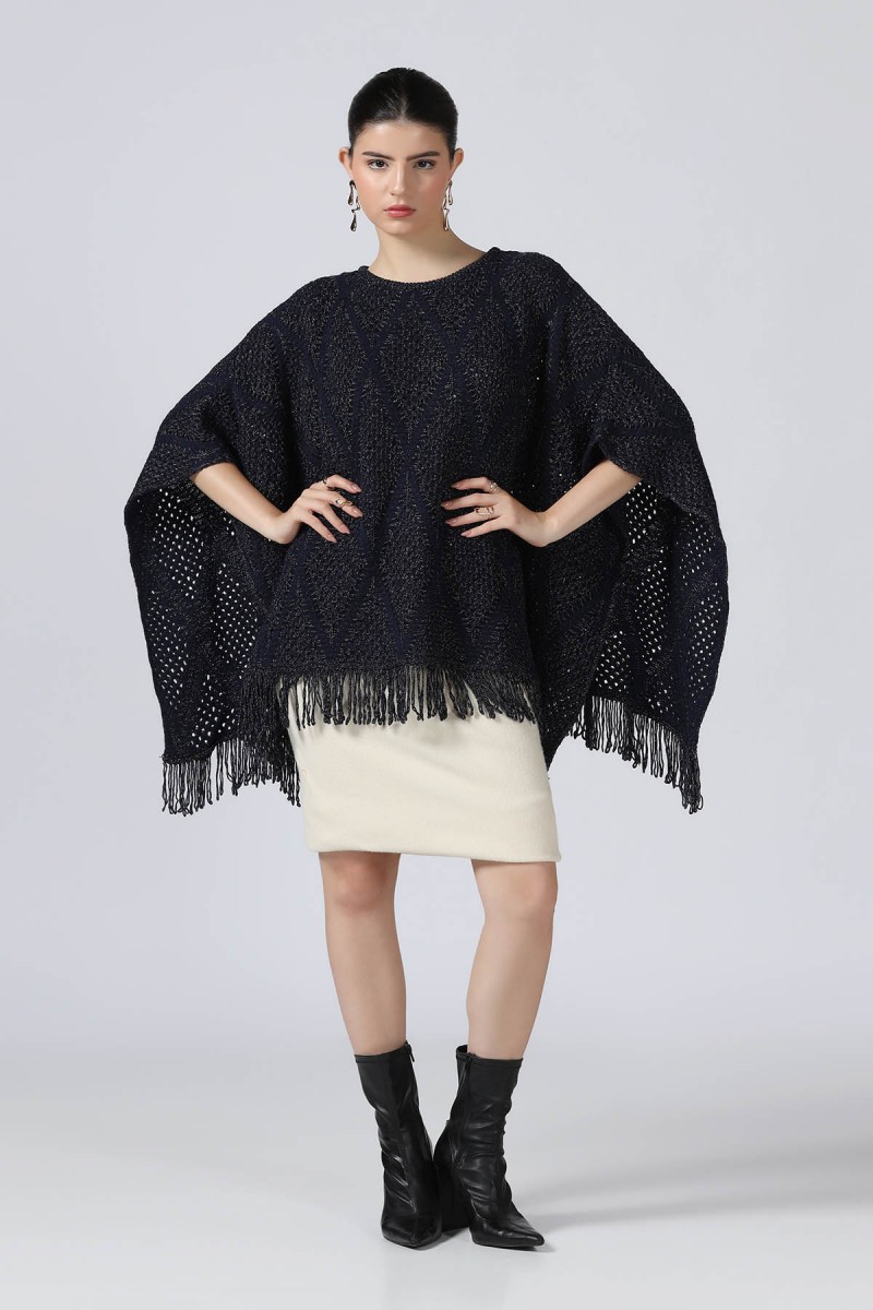 POINTELLE KNIT METALLIC PONCHO WITH FRINGS POINTELLE KNIT METALLIC PONCHO WITH FRINGS