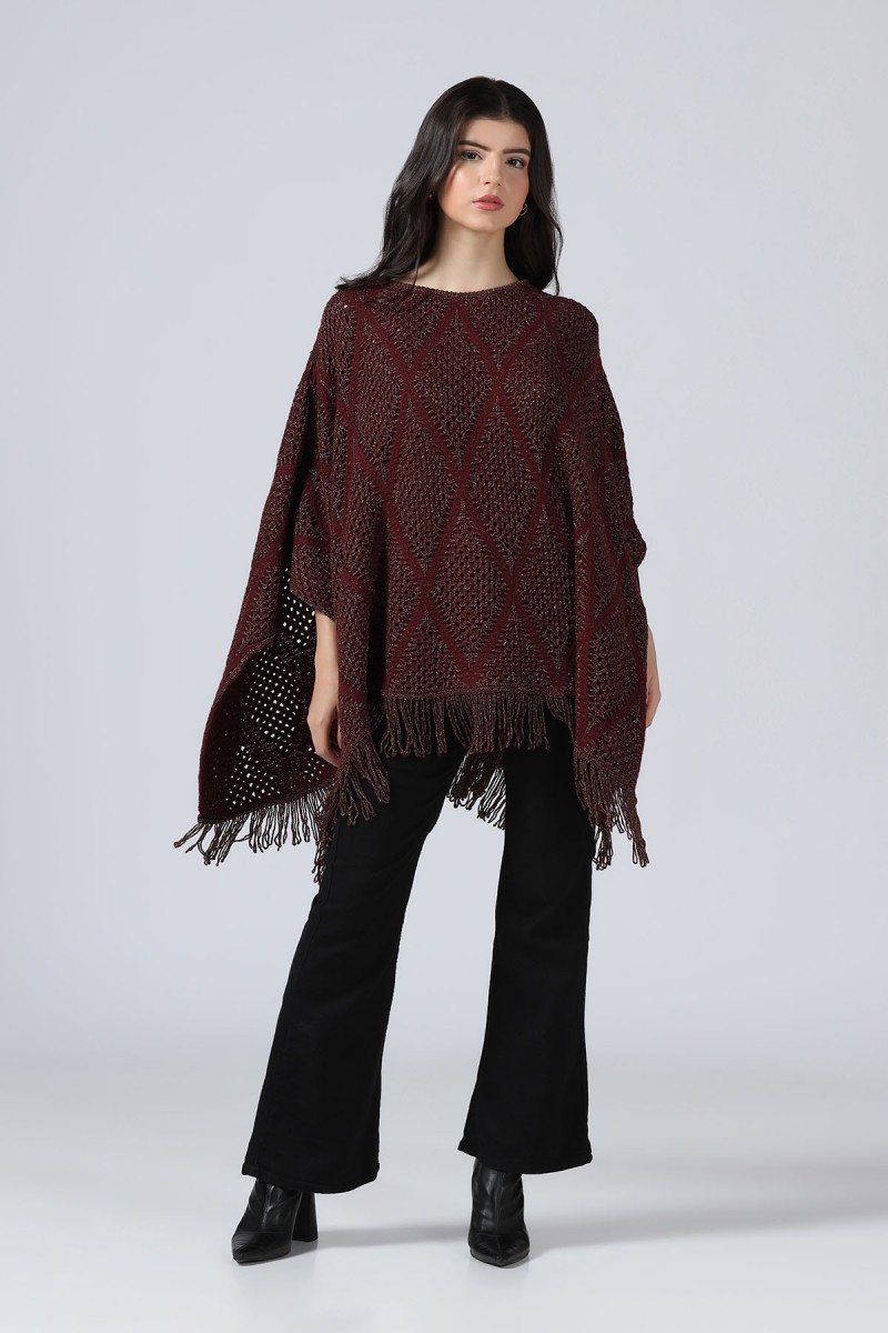 POINTELLE KNIT METALLIC PONCHO WITH FRINGS POINTELLE KNIT METALLIC PONCHO WITH FRINGS