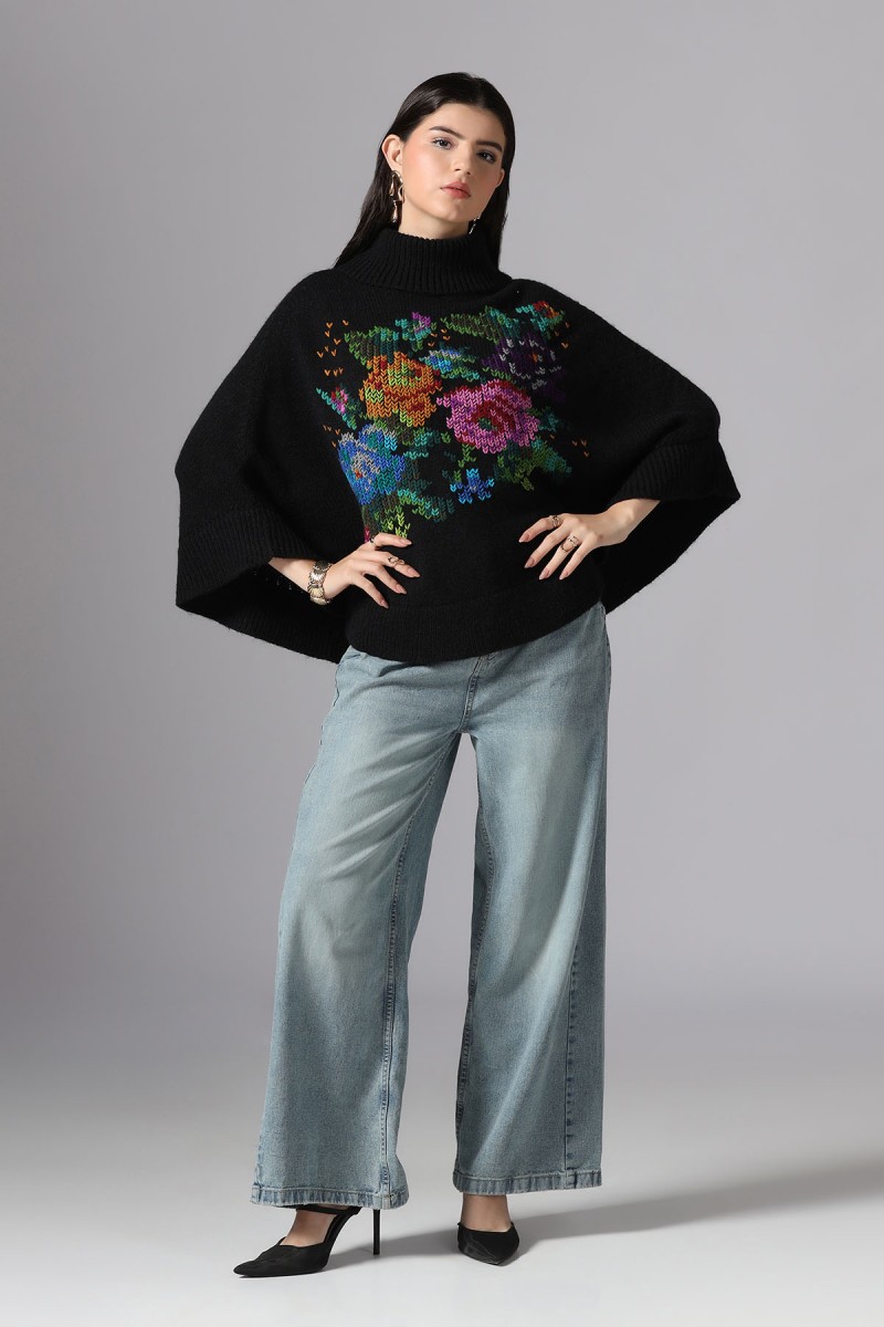 FLORAL HAND EMBROIDERD HIGH NECK PONCHO