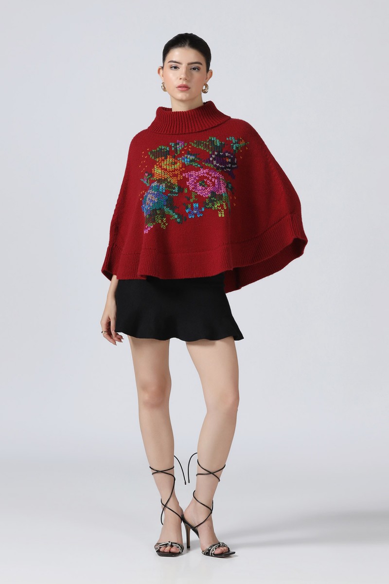 FLORAL HAND EMBROIDERD HIGH NECK PONCHO