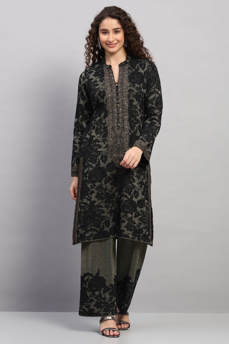 SUEDE ETHNIC JACQUARD EMBROIDERED KURTI SET