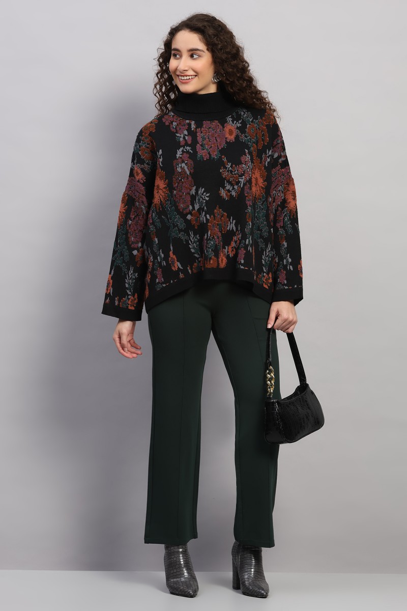 FLORAL PLUSH KNITED JACQUARD HIGH NECK PONCHO