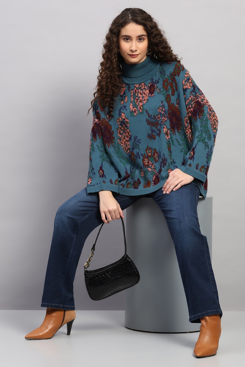 FLORAL PLUSH KNITED JACQUARD HIGH NECK PONCHO