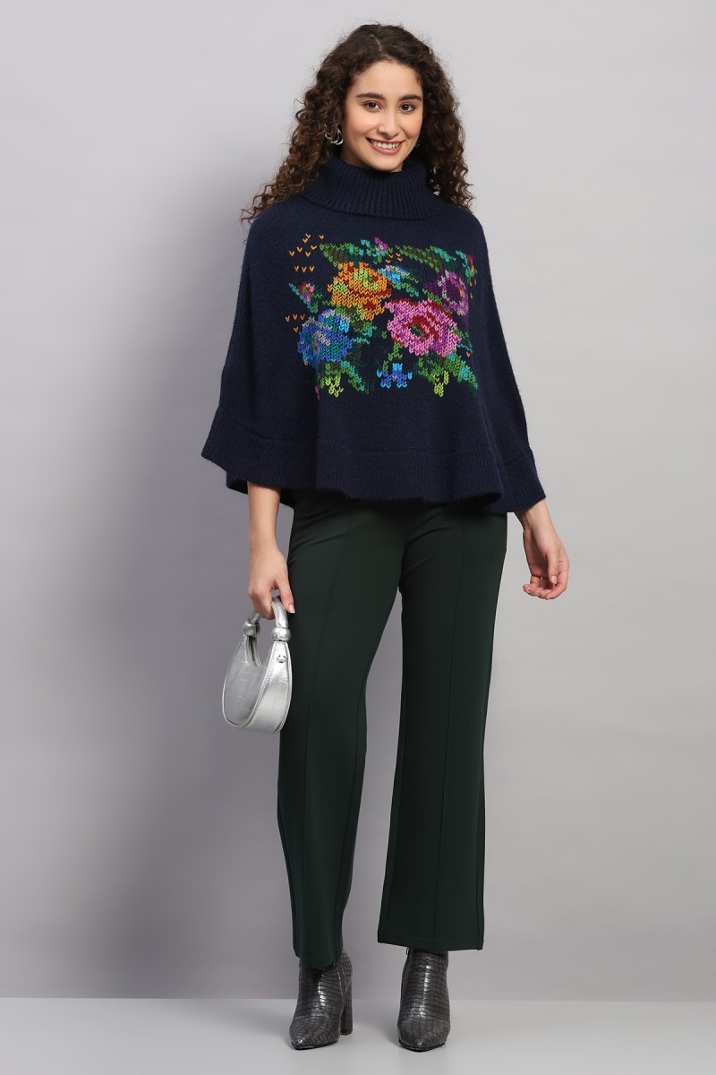 FLORAL HAND EMBROIDERD HIGH NECK PONCHO