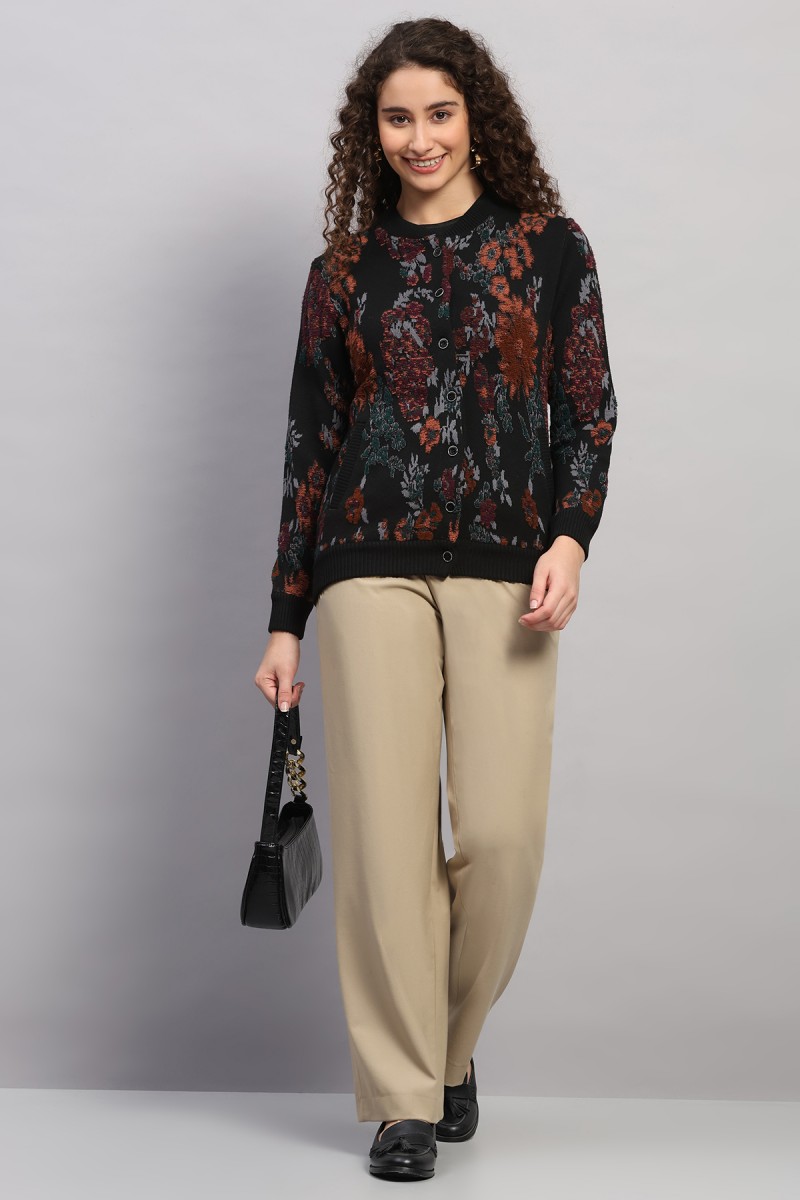 VARSITY COLLAR FLORAL PLUSH JACQUARD CARDIGAN