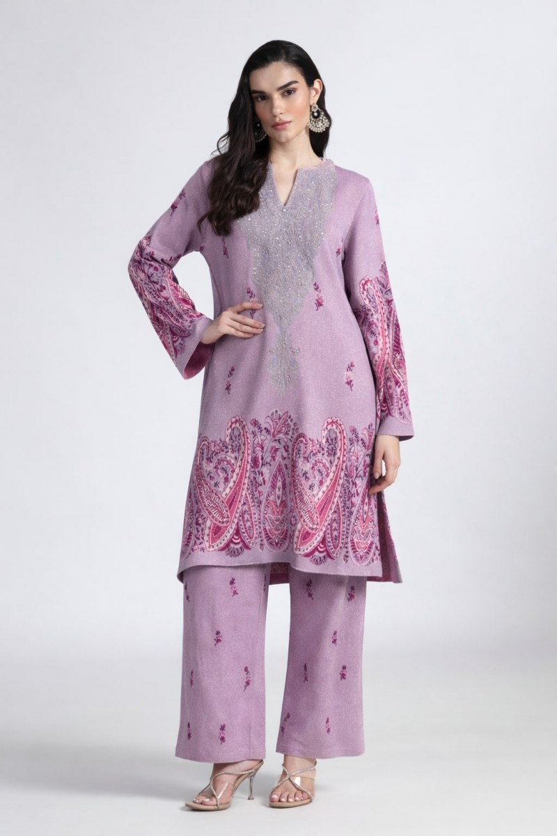 PAISELY JACQUARD KNITTED KURTI SET WITH EMBROIDERY