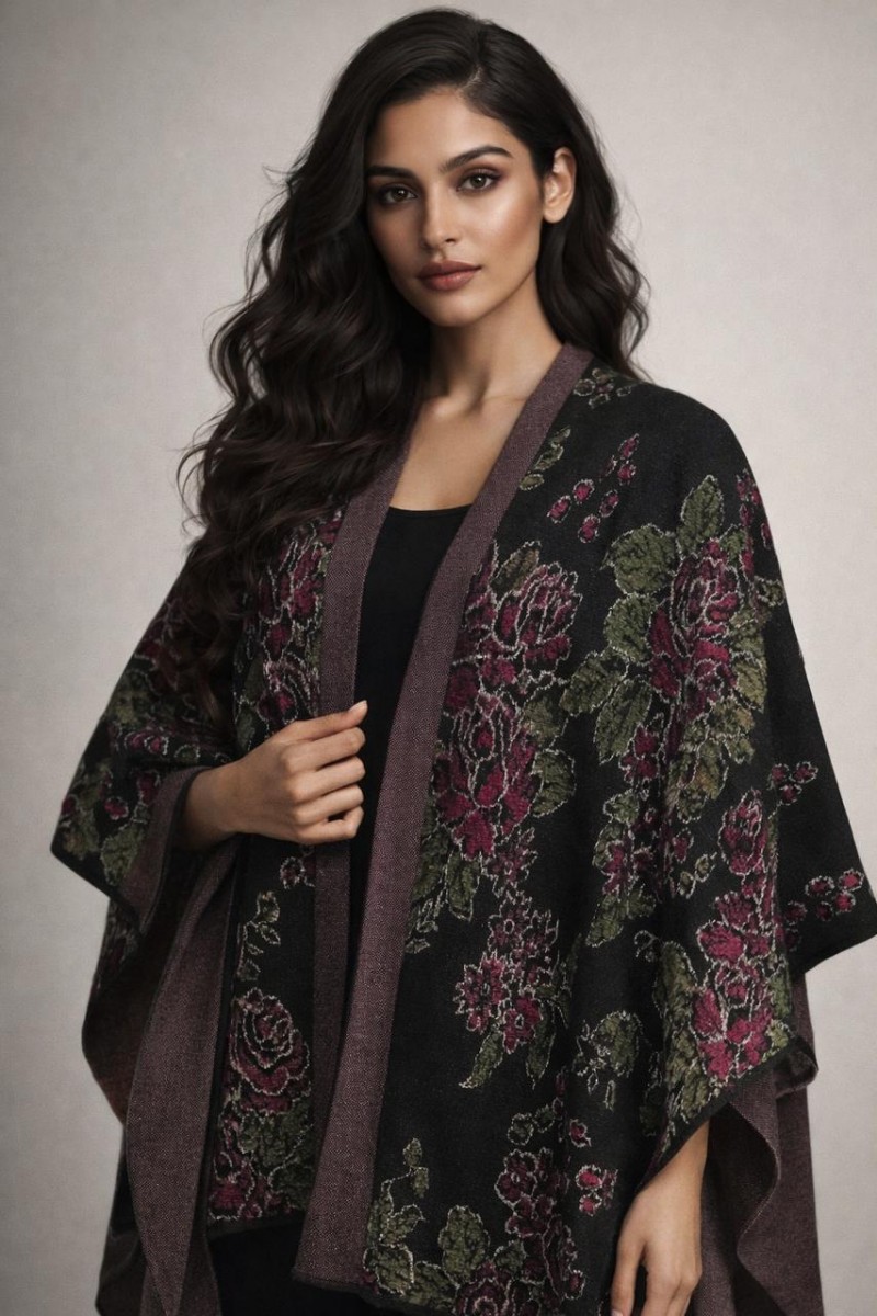 PLUSH KNITTED FLORAL JACQUARD CAPE
