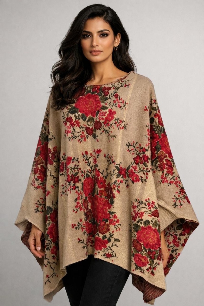 JACQUARD KNITTED FLORAL PONCHO