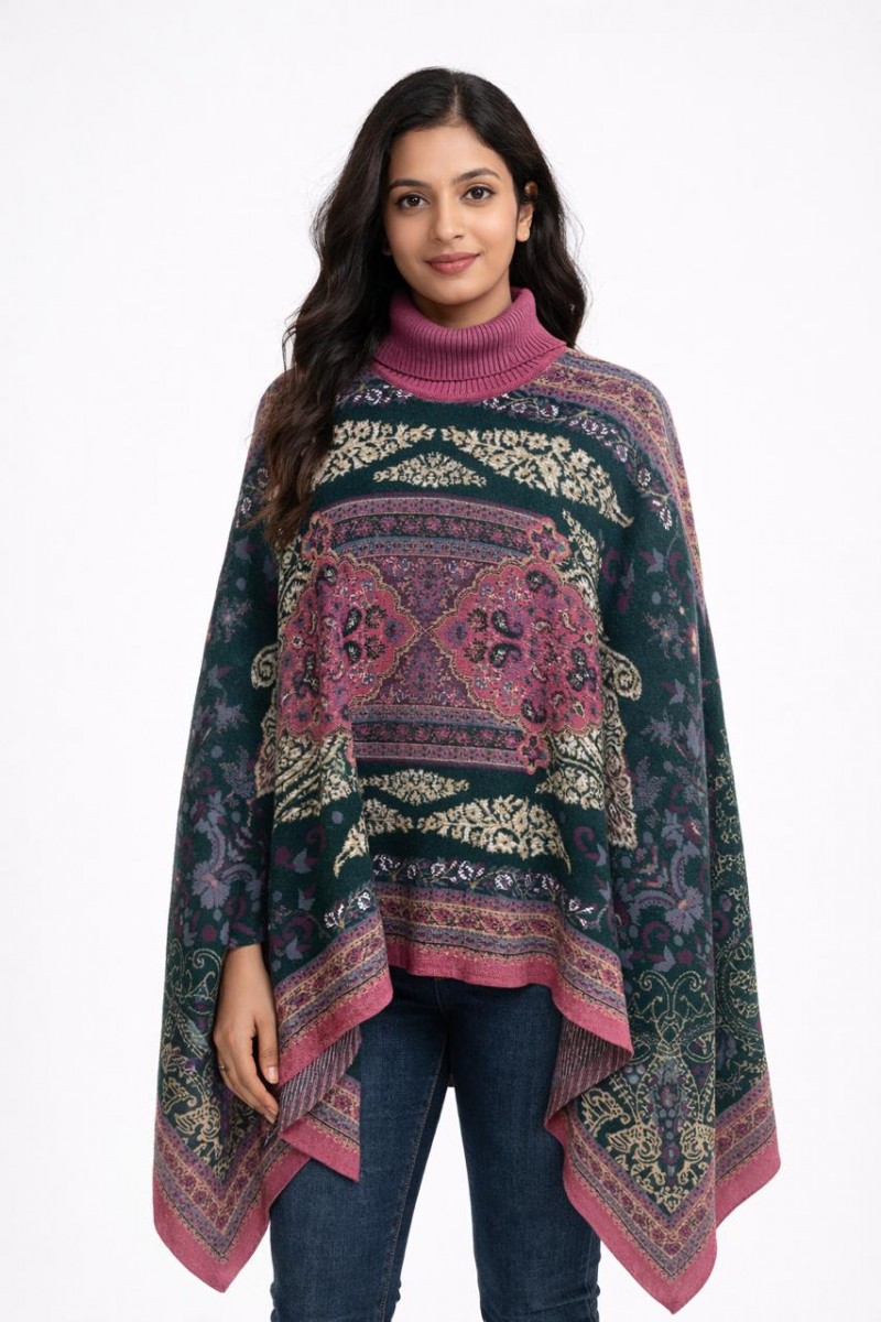 ETHNIC JAQUARD KNITTED HIGH NECK PONCHO