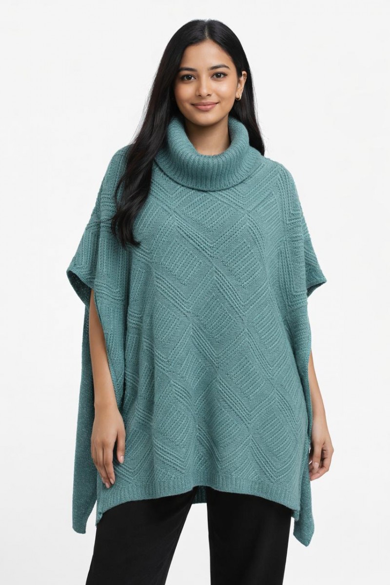 HERRINGBONE KNITTED CROWN NECK PONCHO