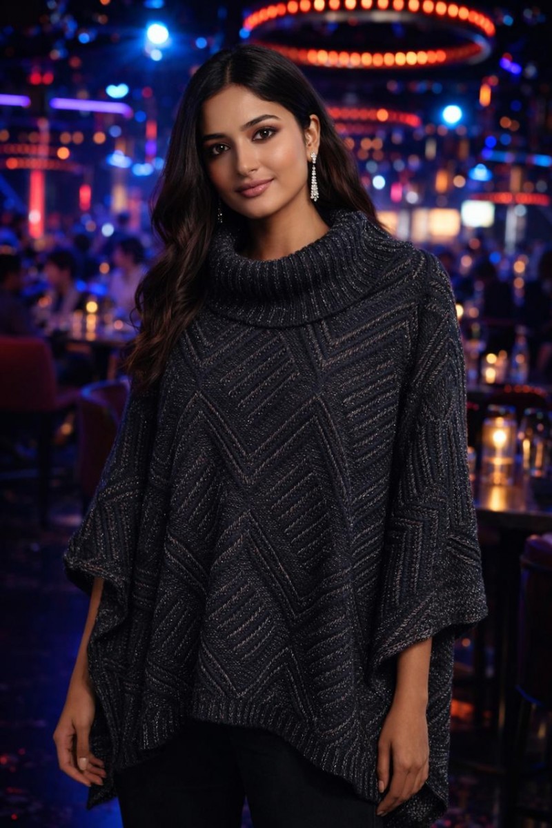 HERRINGBONE KNITTED CROWN NECK PONCHO