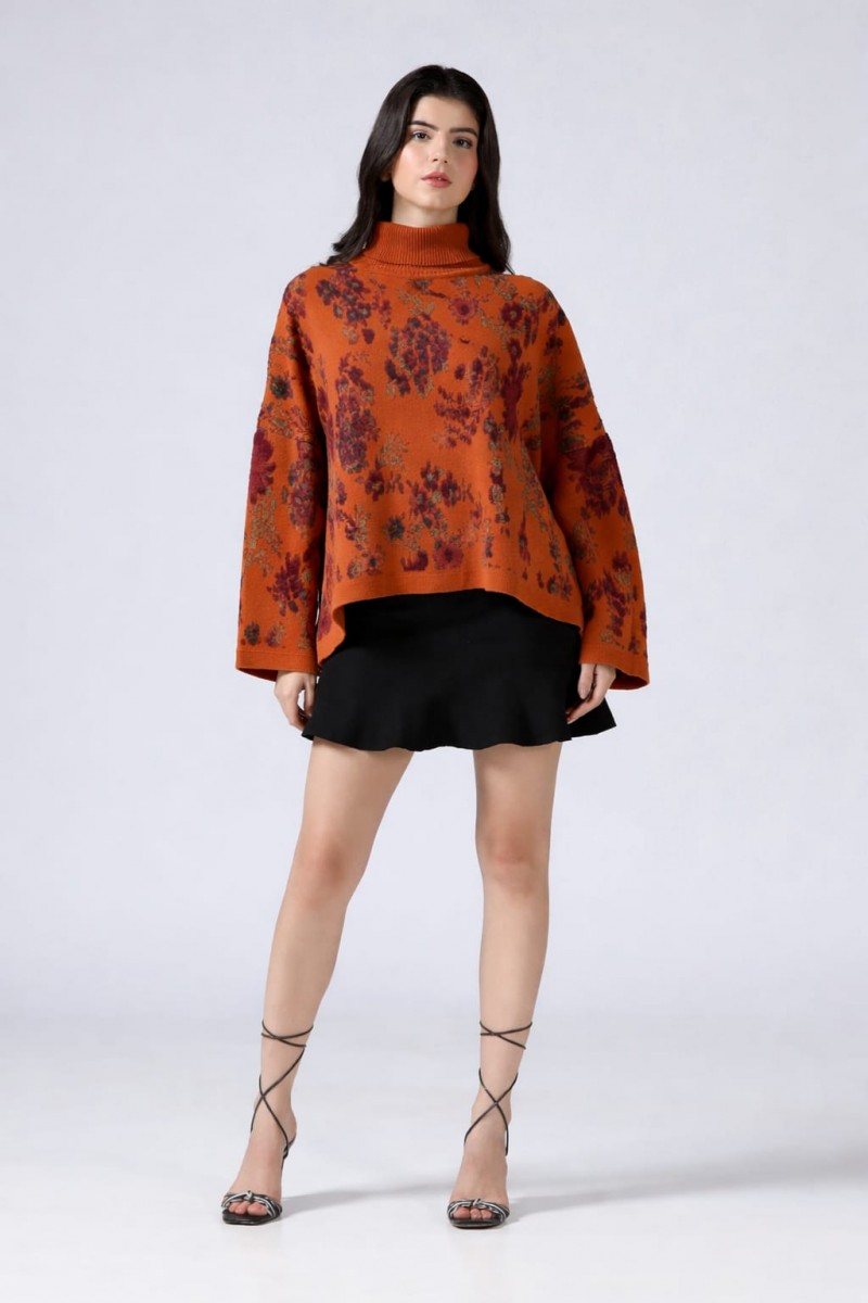 FLORAL PLUSH KNITTED JACQUARD HIGH NECK PONCHO