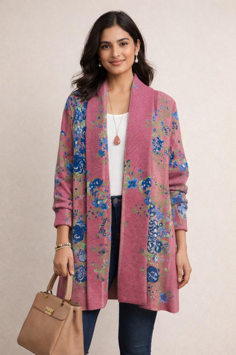 FLORAL JACQUARD KNITTED OPEN CARDIGAN