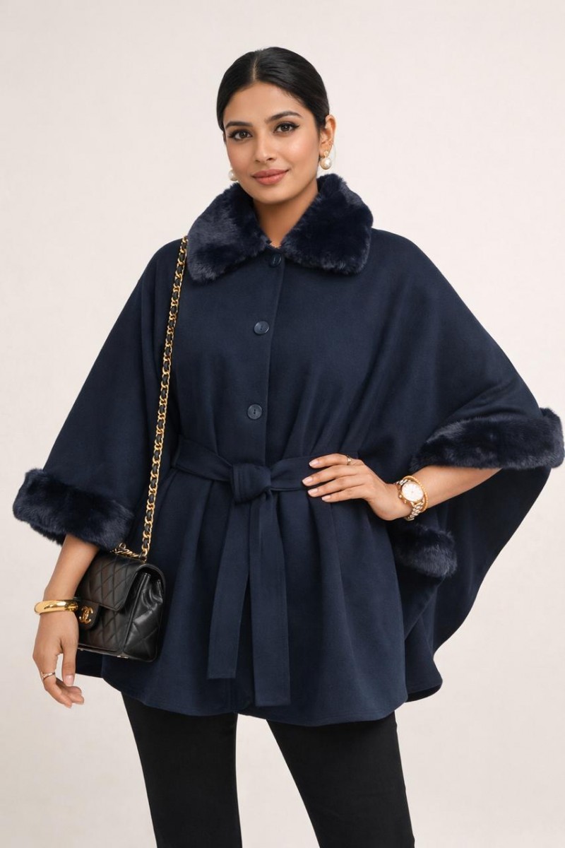 NAVY FAUX FUR TRIM CAPE
