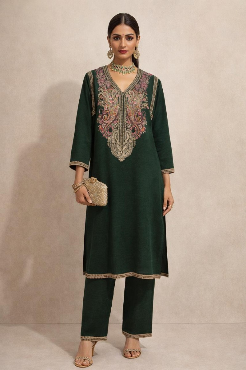 MULTI COLOURED EMBROIDERY KNITTED KURTI SET