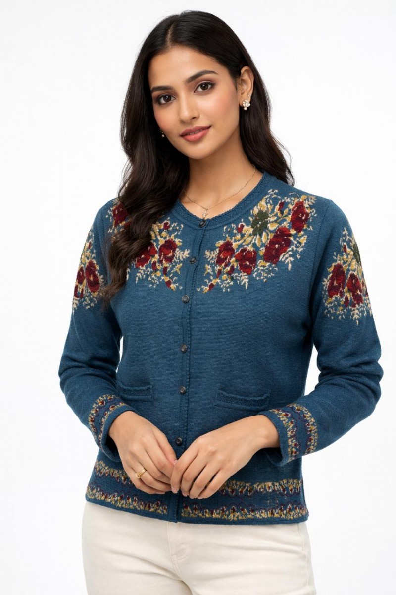 ROUND NECK FLORAL JACQUARD PLUSH CARDIGAN