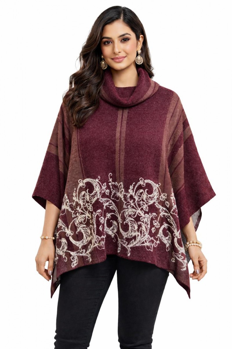 FLORAL ORNAMENTAL JACQUARD KNITTED PONCHO