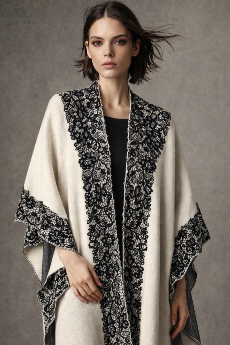 PASHMINA KNITTED CAPE WITH LACE