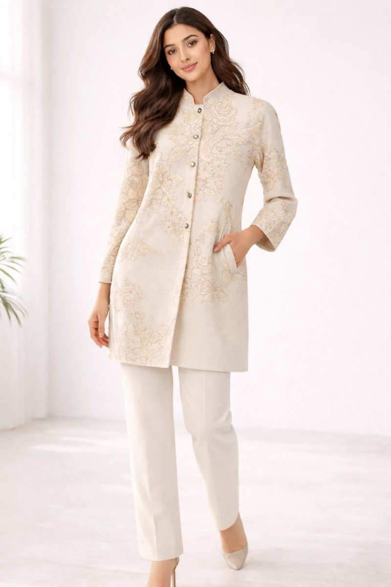 FLORAL SUEDE JACQUARD KNITTED  COAT WITH CORD EMBROIDERY