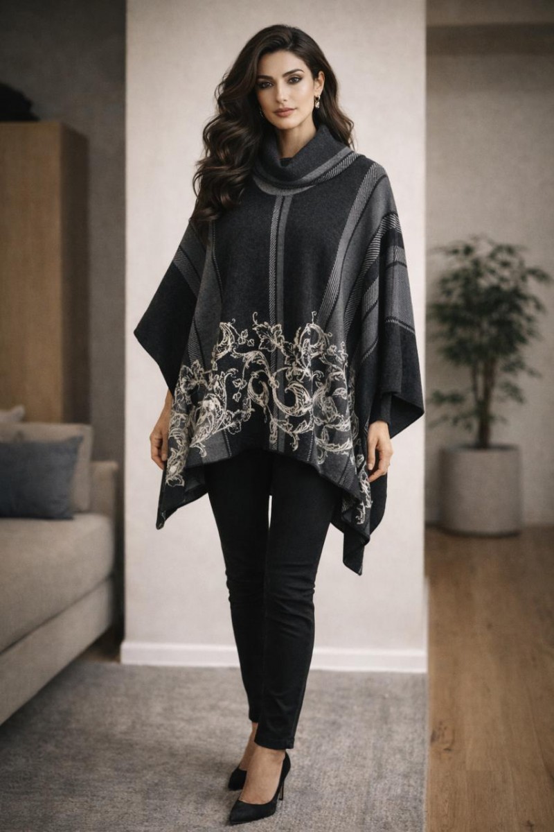 FLORAL ORNAMENTAL JACQUARD KNITTED PONCHO