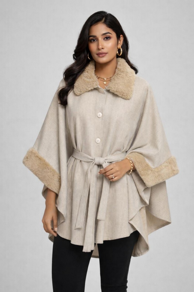 NAVY FAUX FUR TRIM CAPE