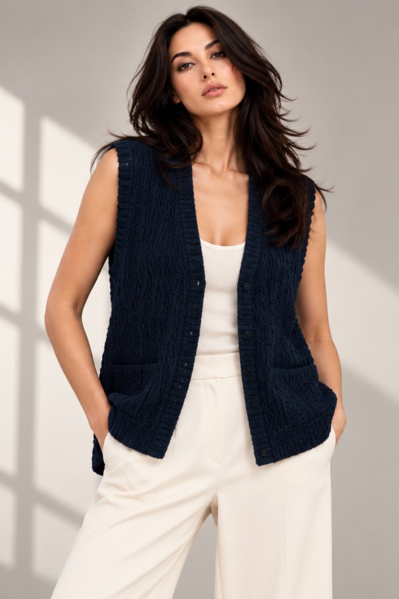 KNITTED SLEEVELESS CARDIGAN
