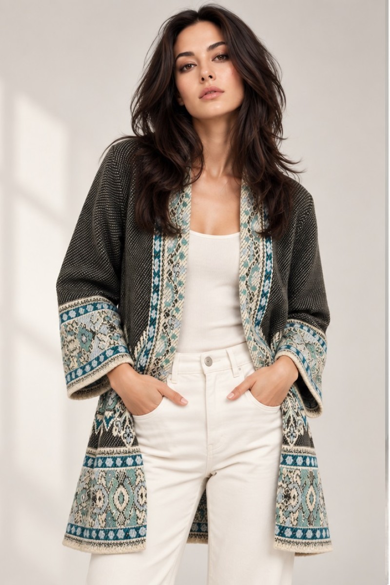 OPEN KNITTED JACQUARD SHRUG