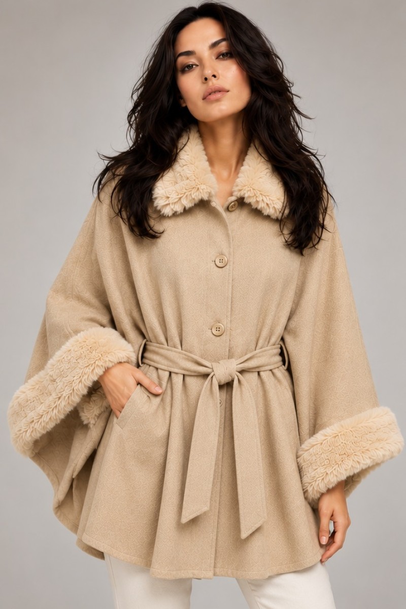 FAUX FUR TRIM CAPE