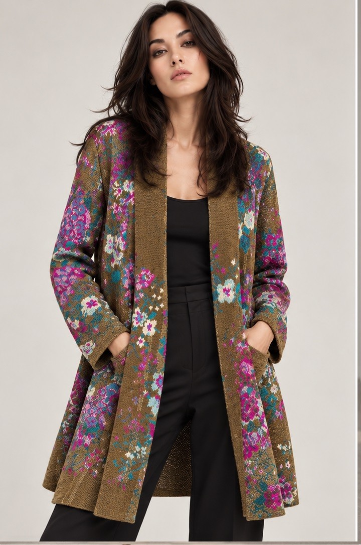 FLORAL JACQUARD KNITTED OPEN CARDIGAN