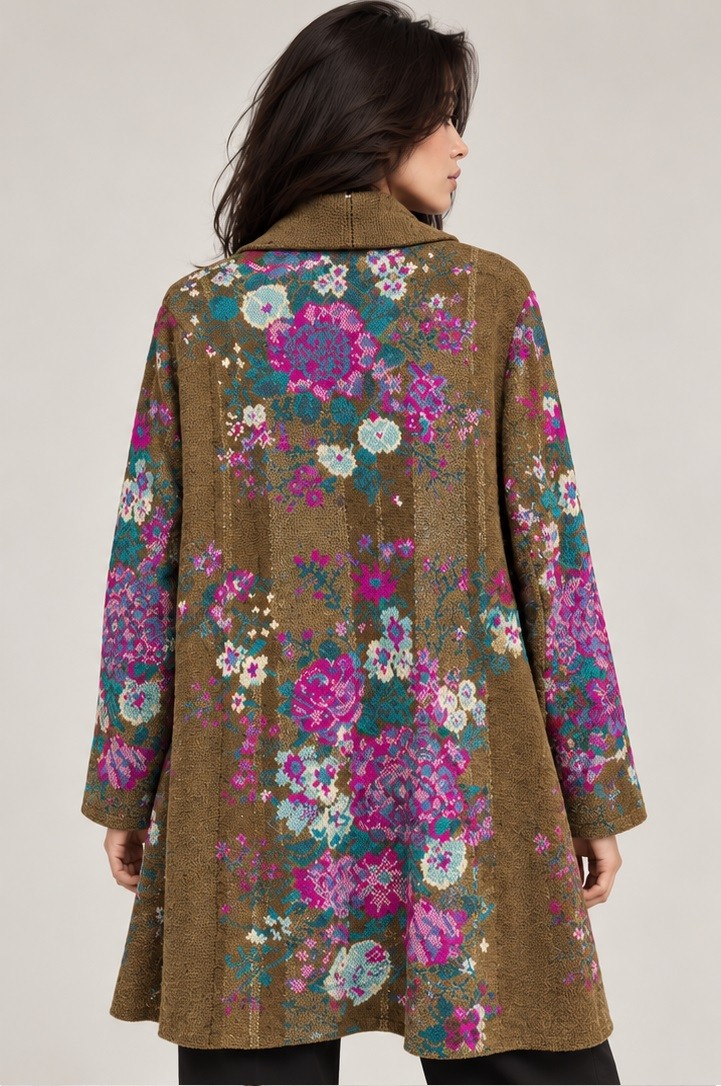 FLORAL JACQUARD KNITTED OPEN CARDIGAN