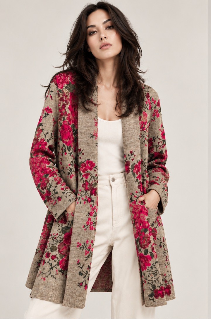 FLORAL JACQUARD KNITTED OPEN CARDIGAN