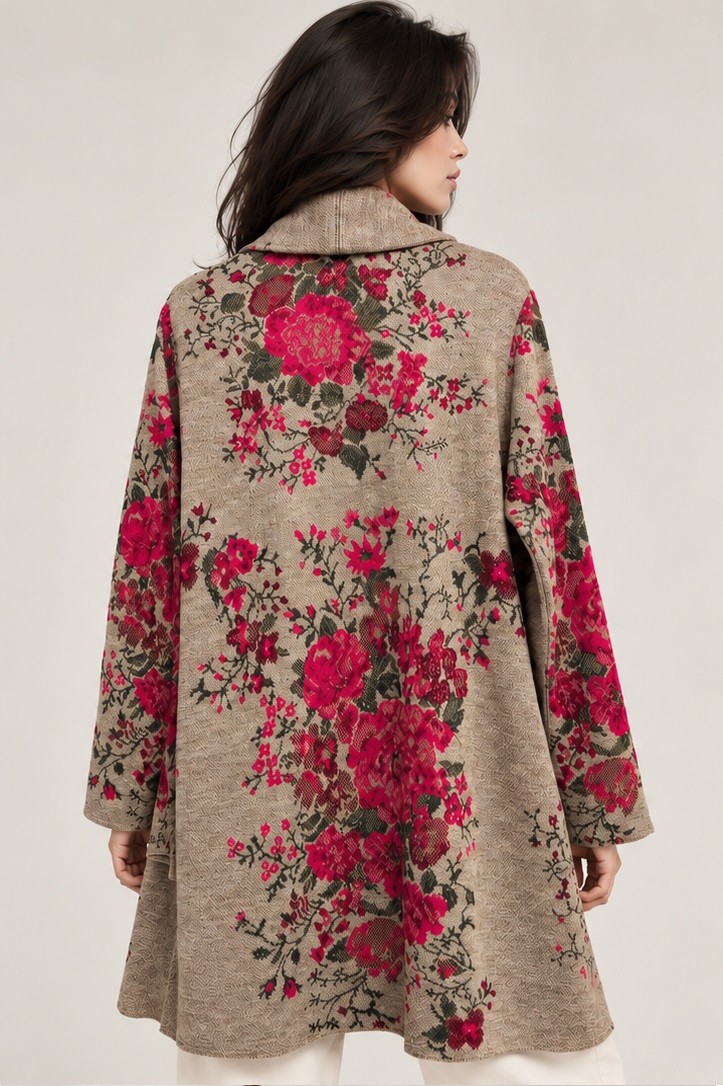 FLORAL JACQUARD KNITTED OPEN CARDIGAN
